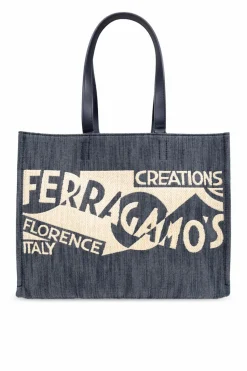 FERRAGAMO NAVY BLUE ‘Sign M’ Shopper Bag