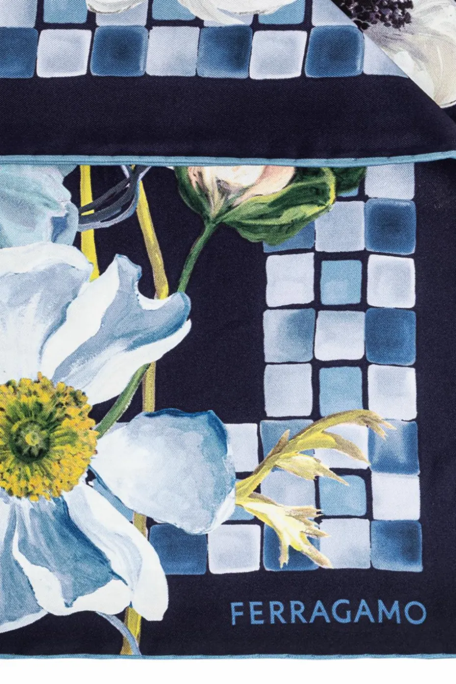 FERRAGAMO NAVY BLUE Silk scarf with floral motif