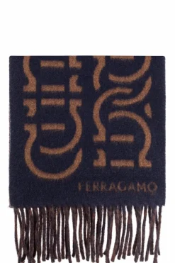 FERRAGAMO NAVY BLUE Wool scarf with logo