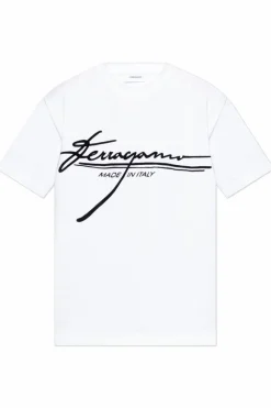 FERRAGAMO WHITE T-shirt with a logo and a velvet finish