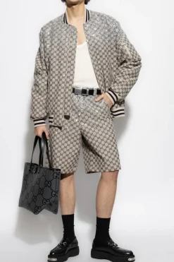 Gucci beige Padded bomber jacket with shimmering appliqués