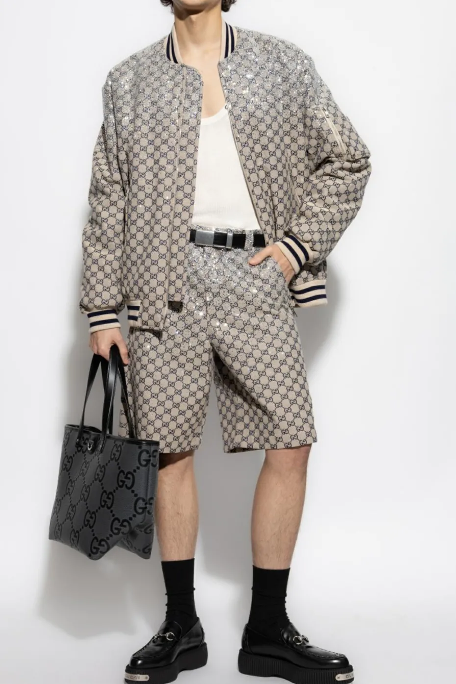 Gucci beige Padded bomber jacket with shimmering appliqués
