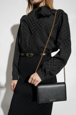 Gucci BLACK Leather wallet on chain