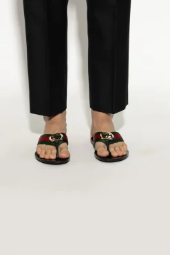 Gucci BLACK Web stripe flip-flops