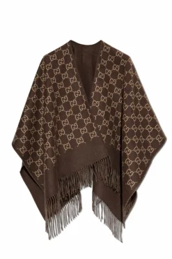 Gucci BROWN Wool poncho with 'GG' pattern