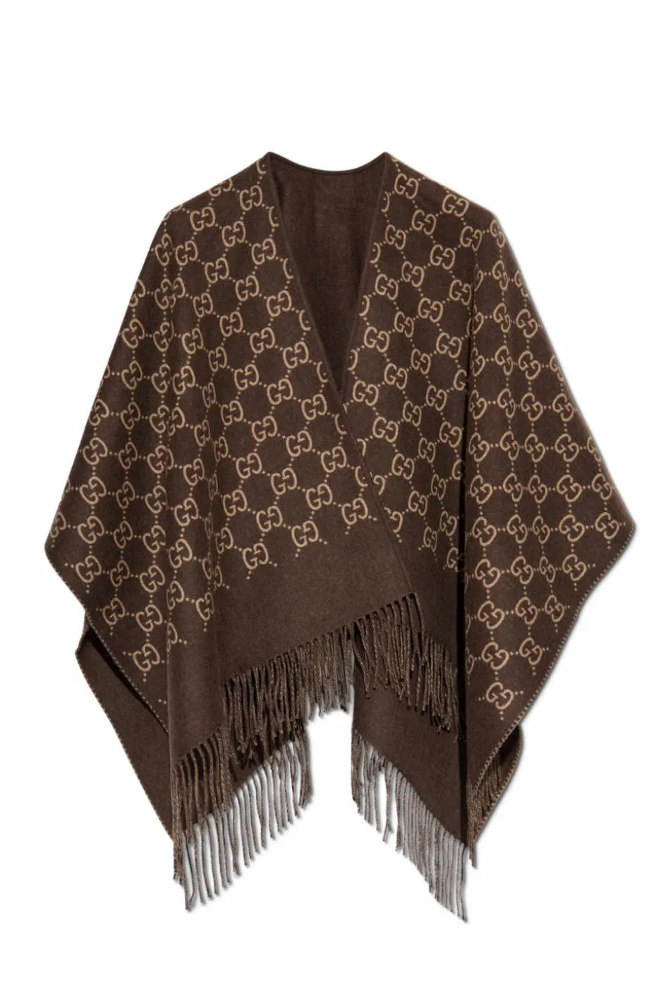 Gucci BROWN Wool poncho with 'GG' pattern