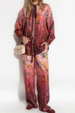 Gucci BURGUNDY Silk pants with floral motif