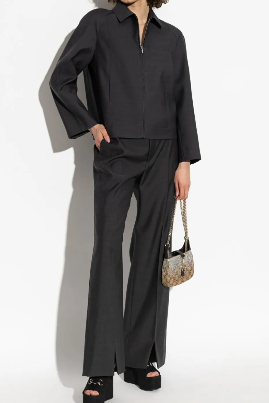 Gucci GREY Wool jacket with embroidered logo on the collar