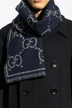 Gucci NAVY BLUE Wool scarf with logo