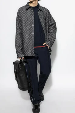 Gucci NAVY BLUE Wool sweater with distinctive Web stripe