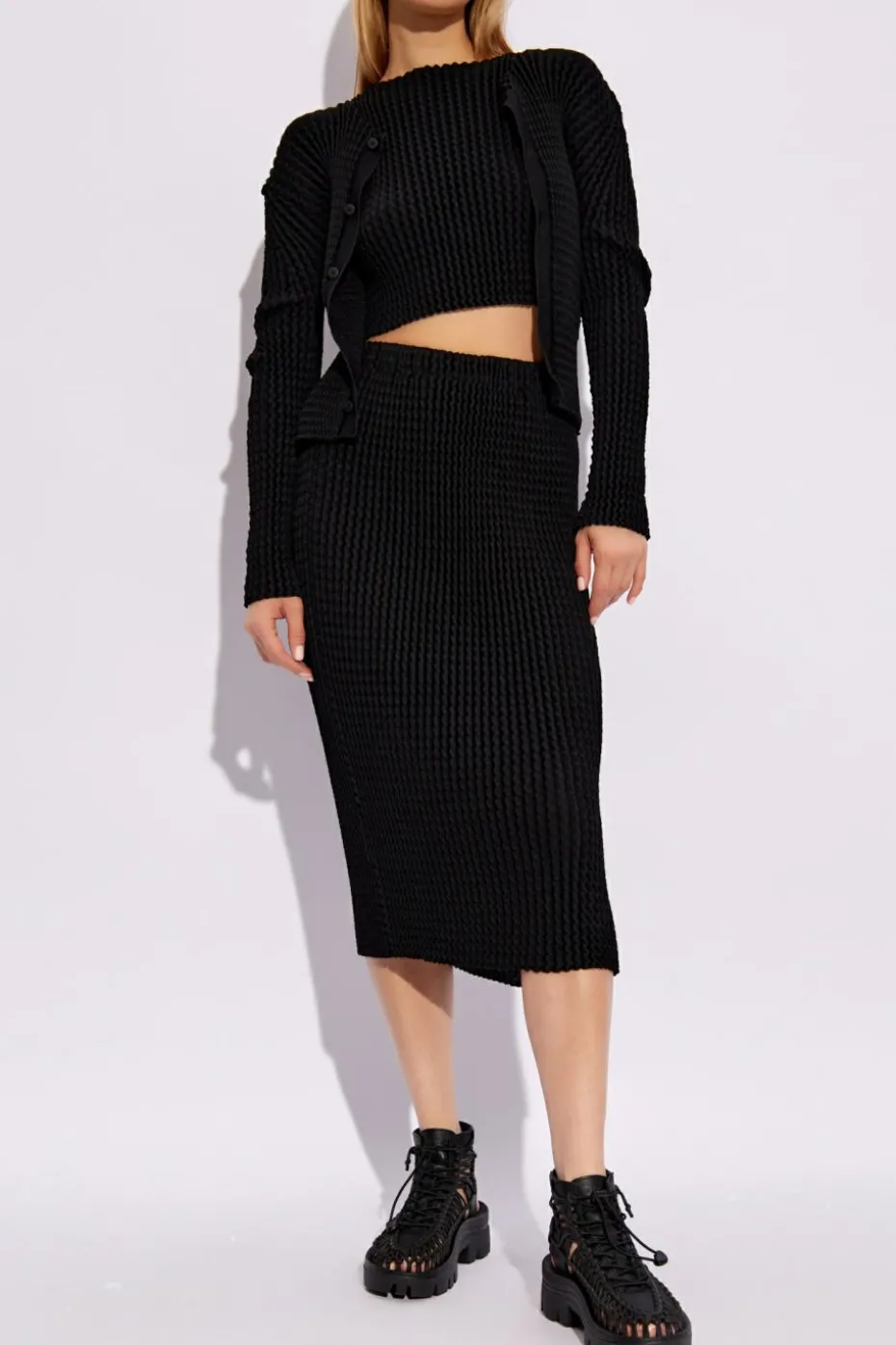 Issey Miyake BLACK Pleated Cardigan by Issey Miyake