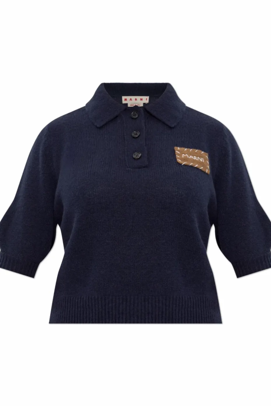 Marni NAVY BLUE Cashmere polo shirt with logo patch