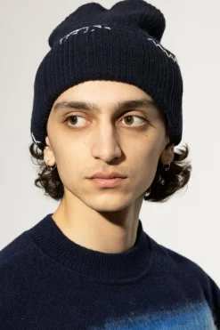Marni NAVY BLUE Wool beanie with stitching