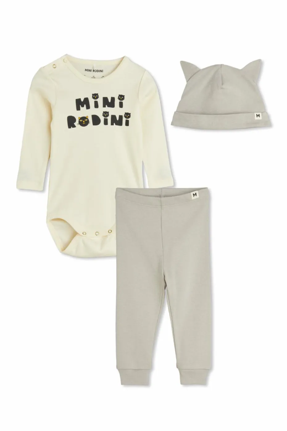 Mini Rodini GREY Set: bodysuit, hat, and pants
