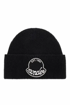 Moncler BLACK Wool beanie with logo patch
