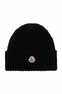 Moncler BLACK Wool beanie with logo patch