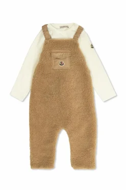 Moncler Enfant beige Set: top and fur suspenders pants