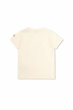 Moncler Enfant cream T-shirt with logo finished with shimmering crystals