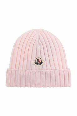 Moncler Enfant PINK Wool beanie with logo patch