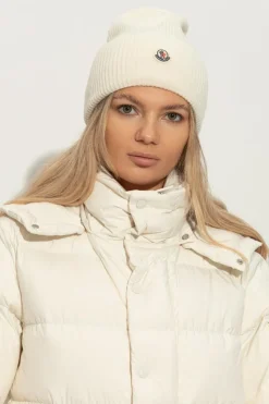 Moncler WHITE Wool beanie with logo patch