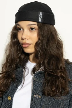 Moschino BLACK Cotton beanie with logo patch