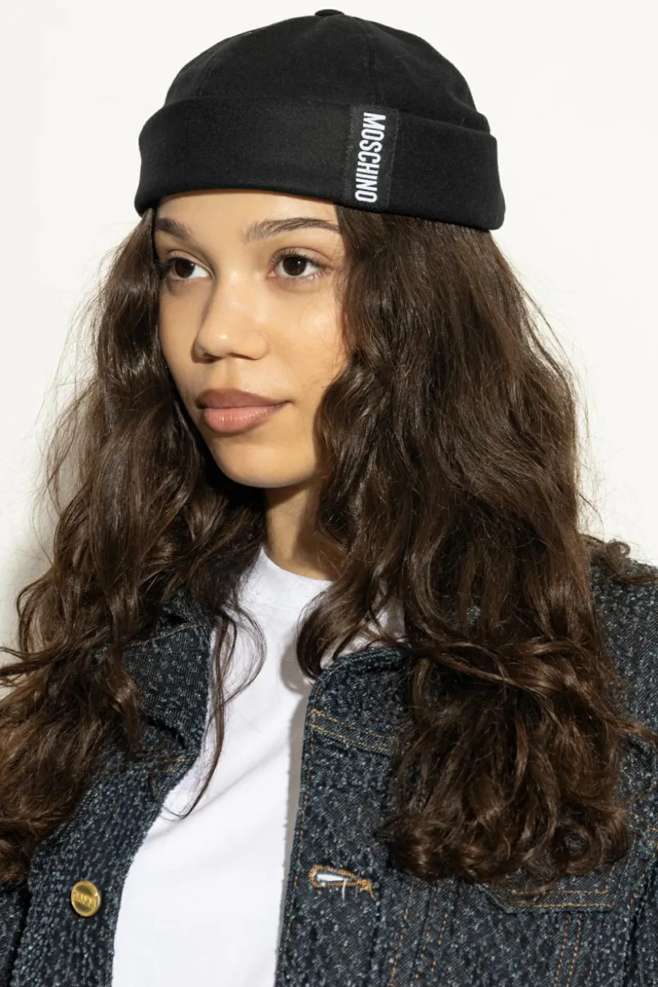 Moschino BLACK Cotton beanie with logo patch