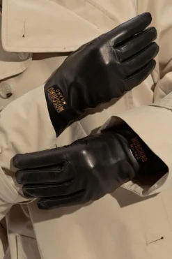 Moschino BLACK Leather gloves with logo