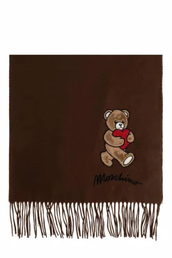 Moschino BROWN Wool scarf with a characteristic teddy bear motif