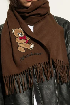 Moschino BROWN Wool scarf with a characteristic teddy bear motif