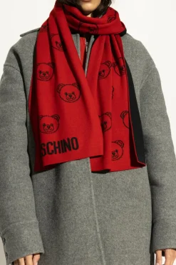 Moschino RED Scarf with a characteristic teddy bear motif