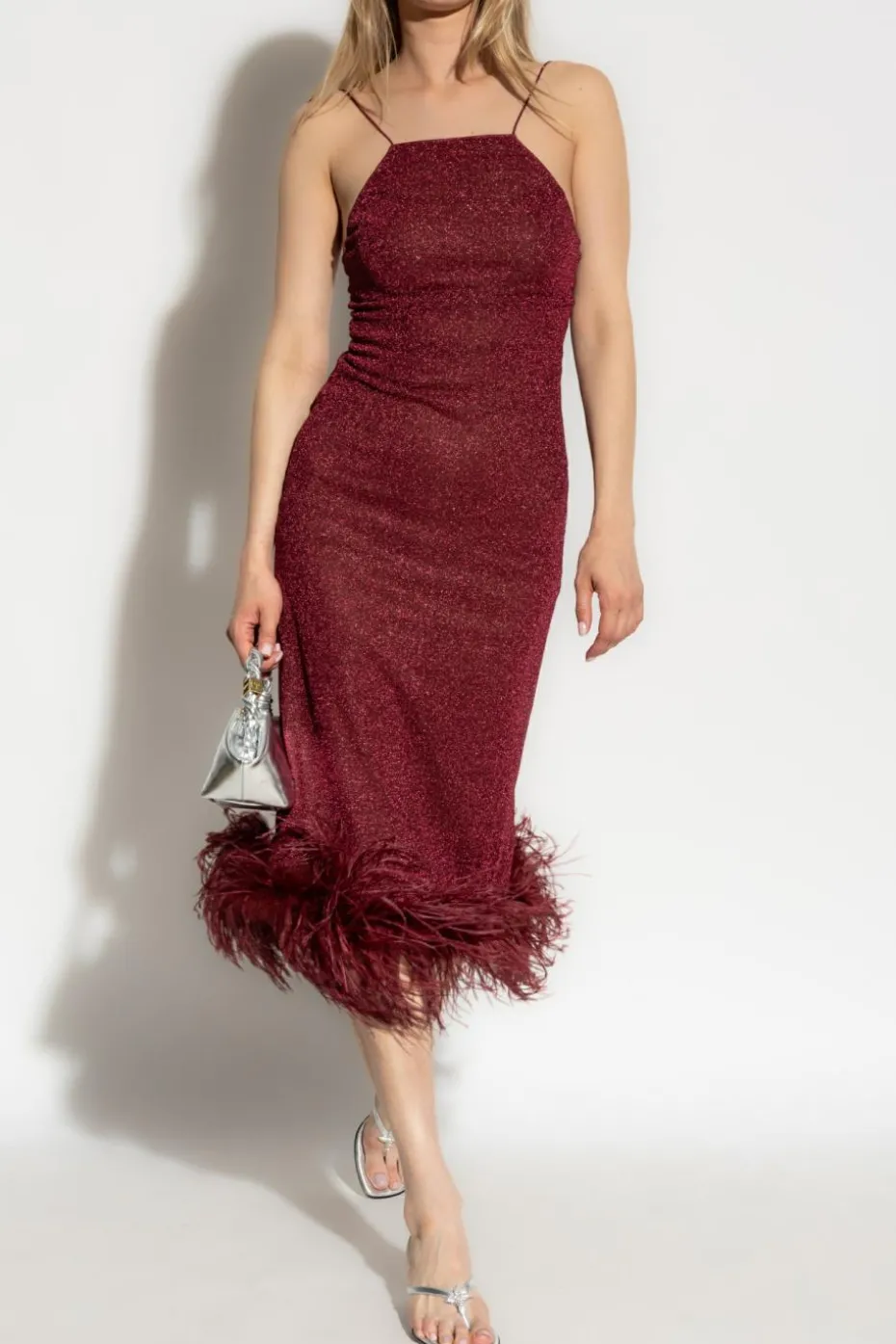 Oseree BURGUNDY Dress finished with ostrich feathers