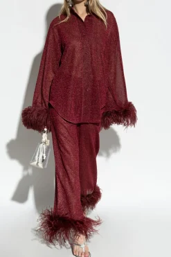 Oseree BURGUNDY Trousers finished with ostrich feathers