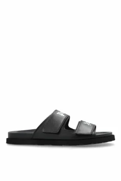 Palm Angels BLACK Leather slides with logo