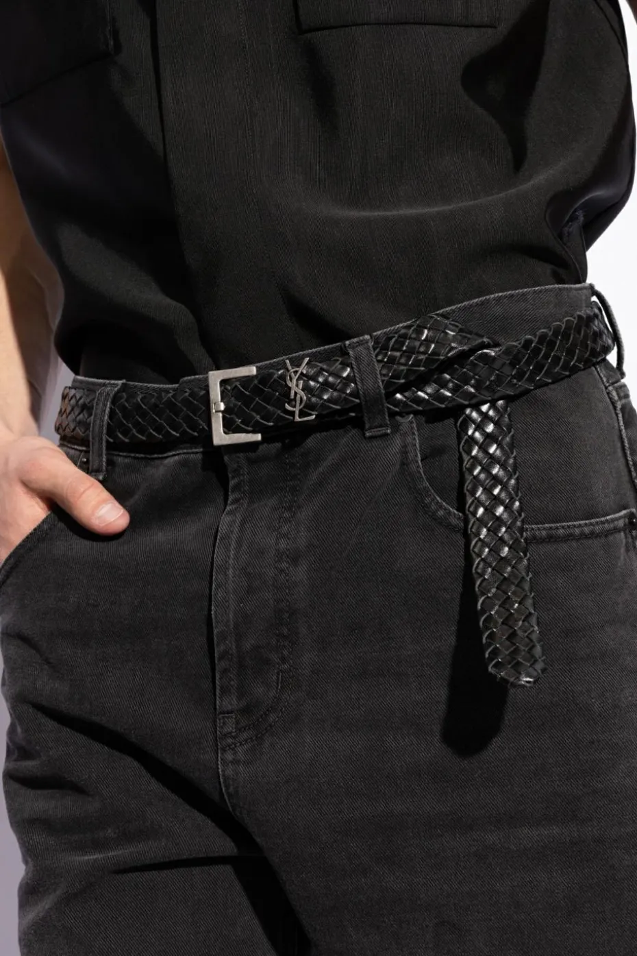Saint Laurent BLACK Leather woven belt