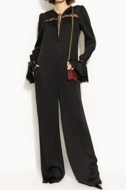 Saint Laurent BLACK Silk jumpsuit with lace trim