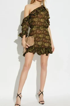 Saint Laurent BROWN Patterned dress with ruffles