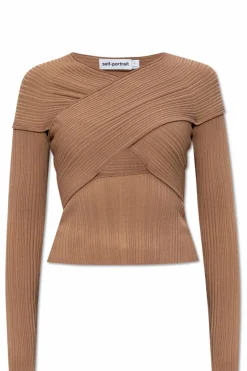 Self-Portrait beige Ribbed Top with Long Sleeves