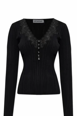 Self-Portrait BLACK Ribbed top with shiny buttons