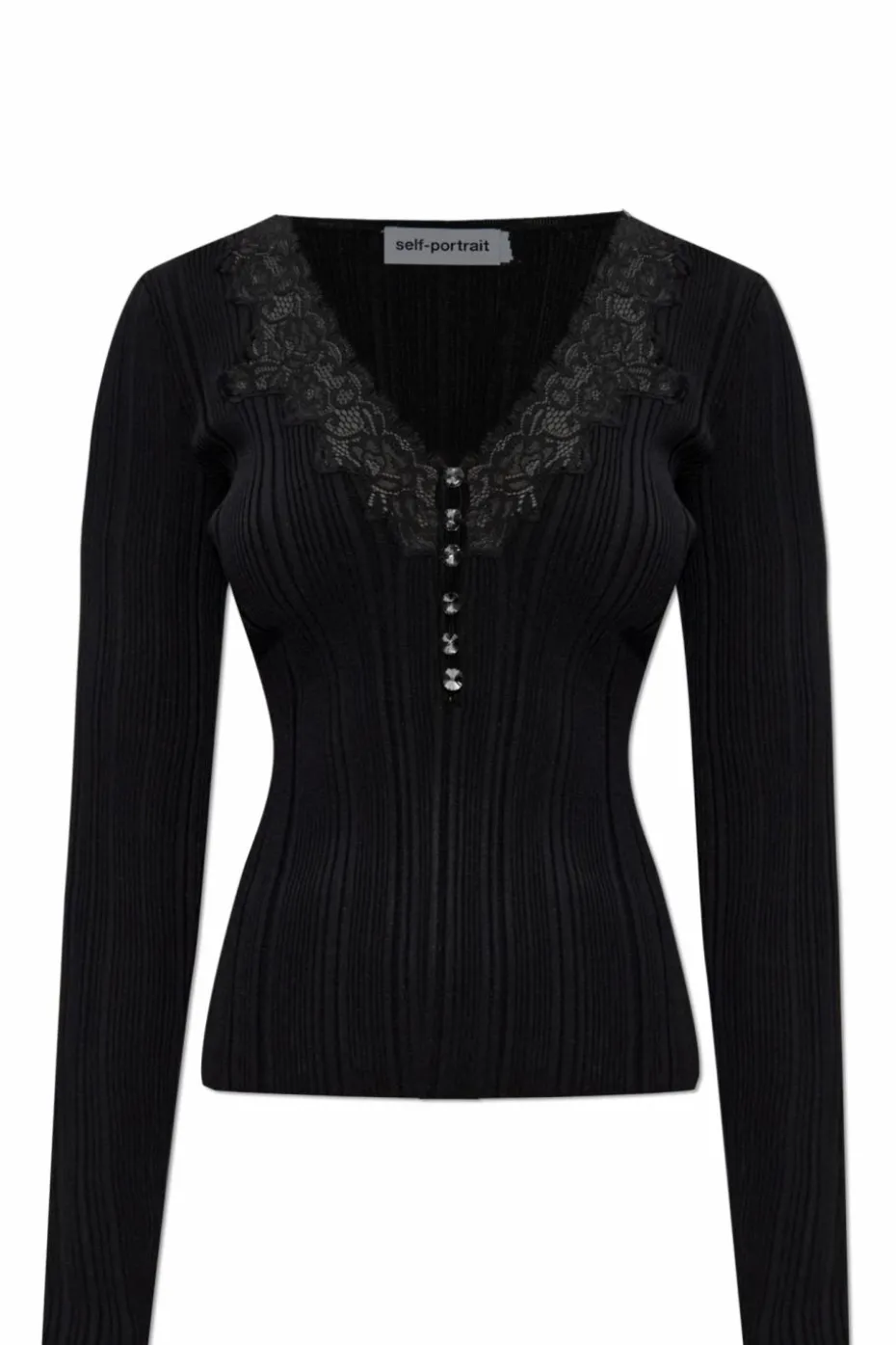 Self-Portrait BLACK Ribbed top with shiny buttons