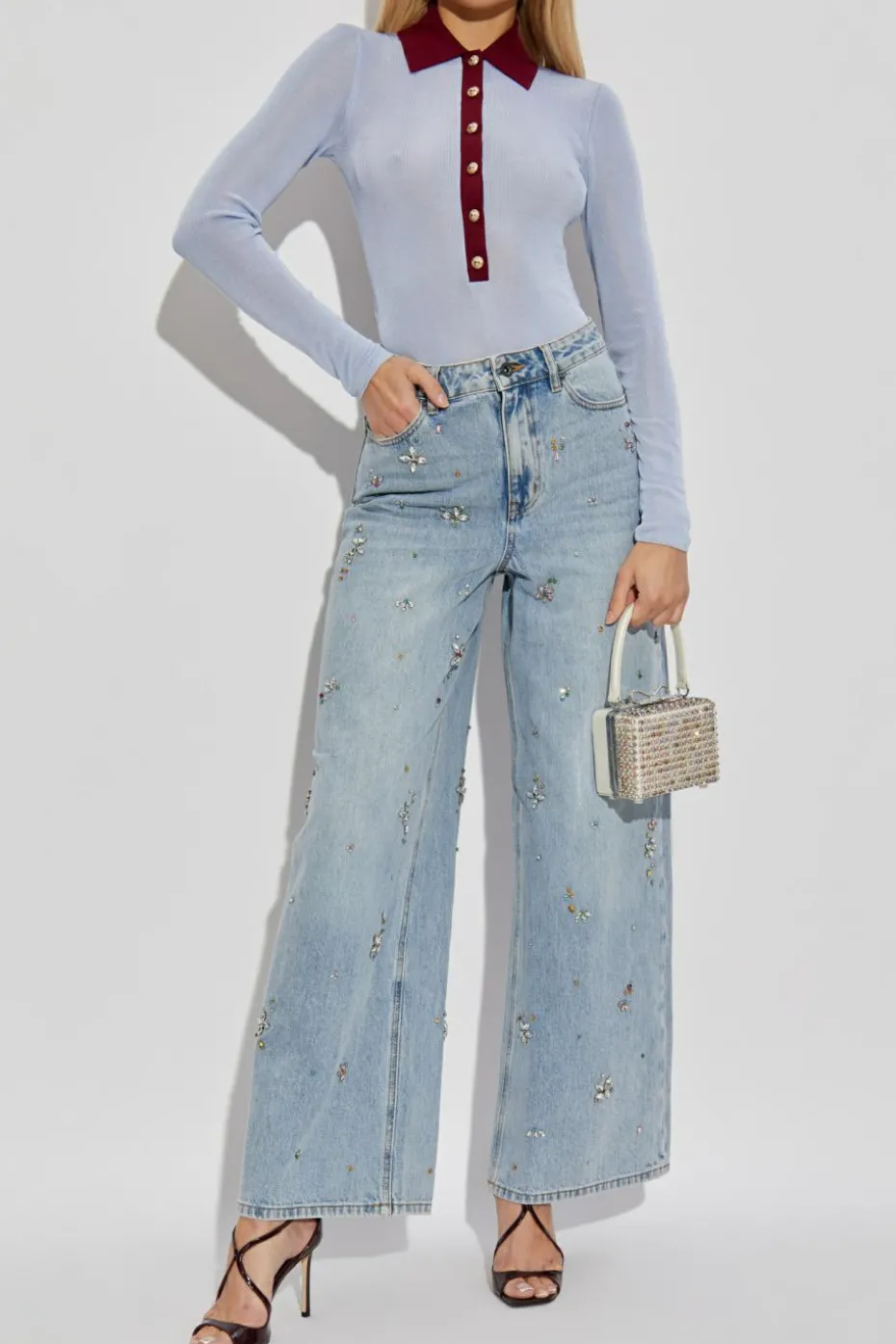 Self-Portrait light blue Long-sleeve bodysuit
