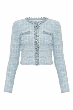 Self-Portrait light blue Tweed blazer with shimmering appliqués