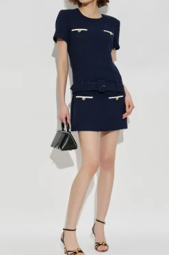 Self-Portrait NAVY BLUE Tweed dress with belt
