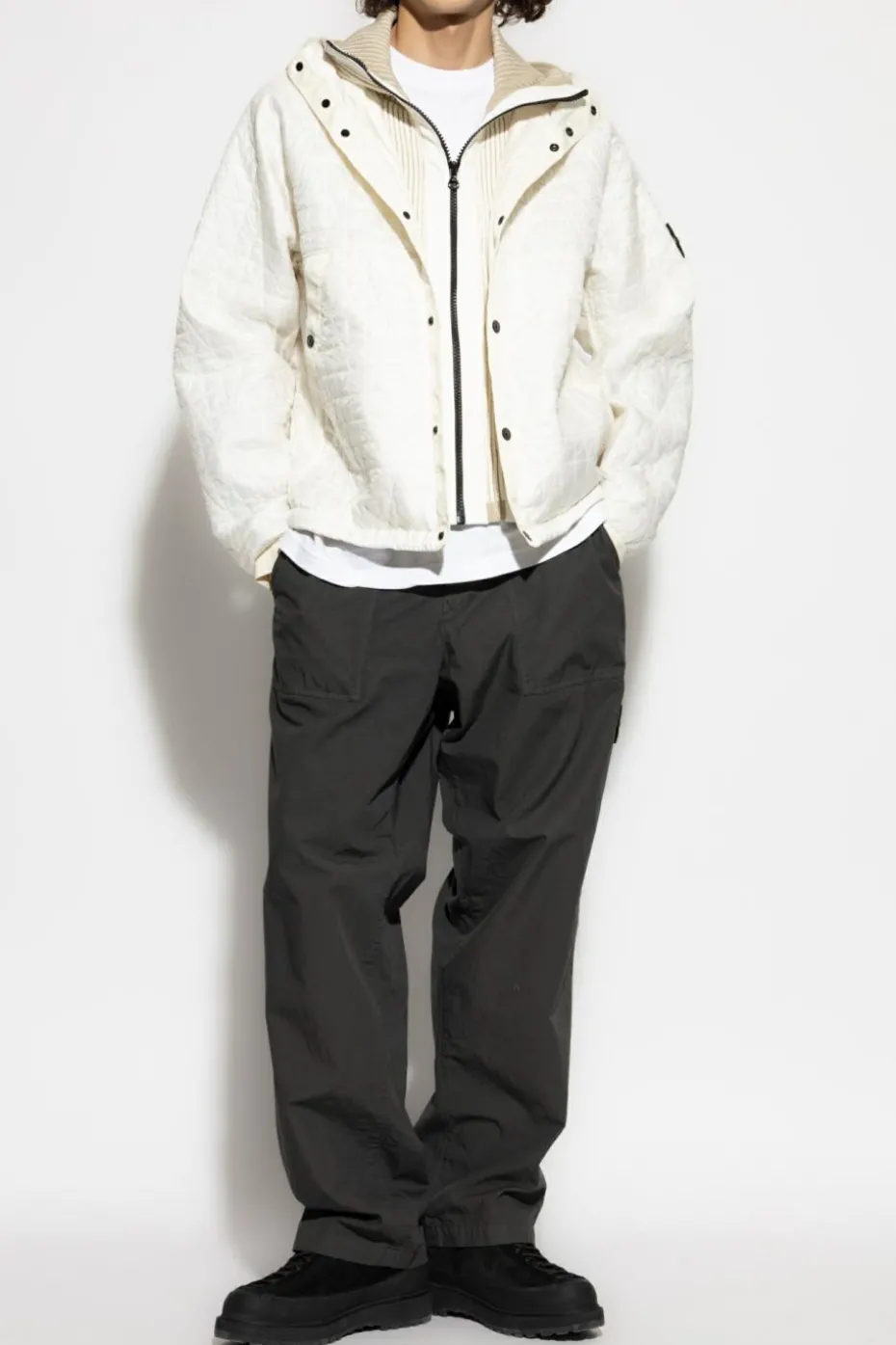 Stone Island cream Quilted jacket with detachable hood