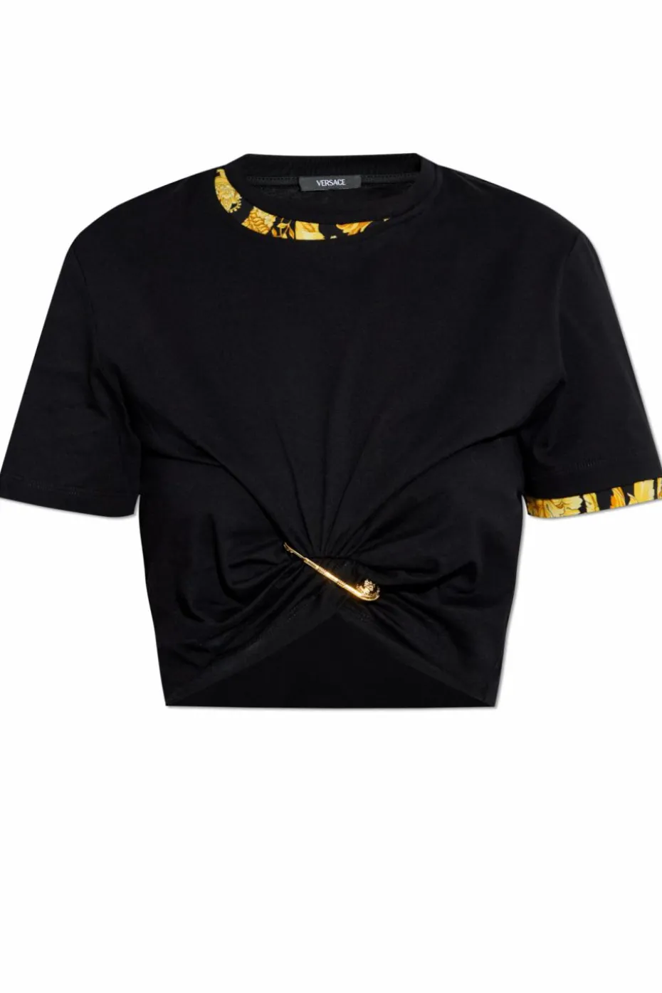 Versace BLACK T-shirt with decorative safety pin and draping