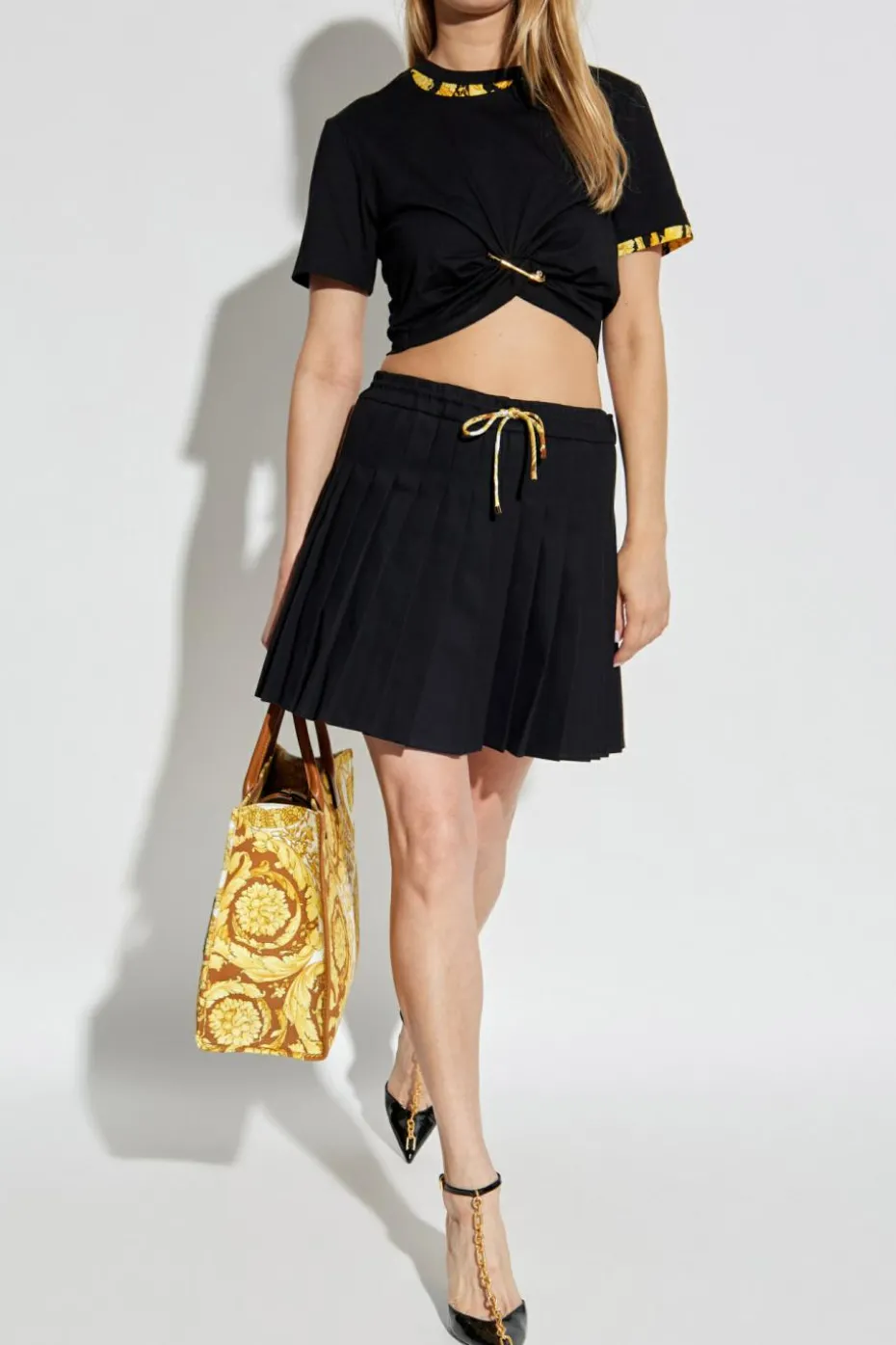 Versace BLACK T-shirt with decorative safety pin and draping