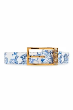 Versace BLUE Leather belt with 'Coral Theatre Allove' print