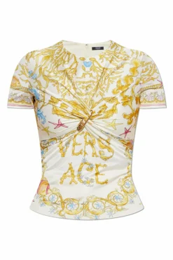 Versace cream Top with decorative draping and a brooch