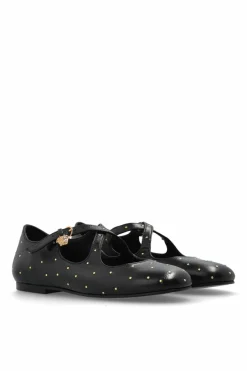 Versace Kids BLACK Leather ballet flats with applications