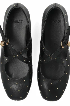 Versace Kids BLACK Leather ballet flats with applications