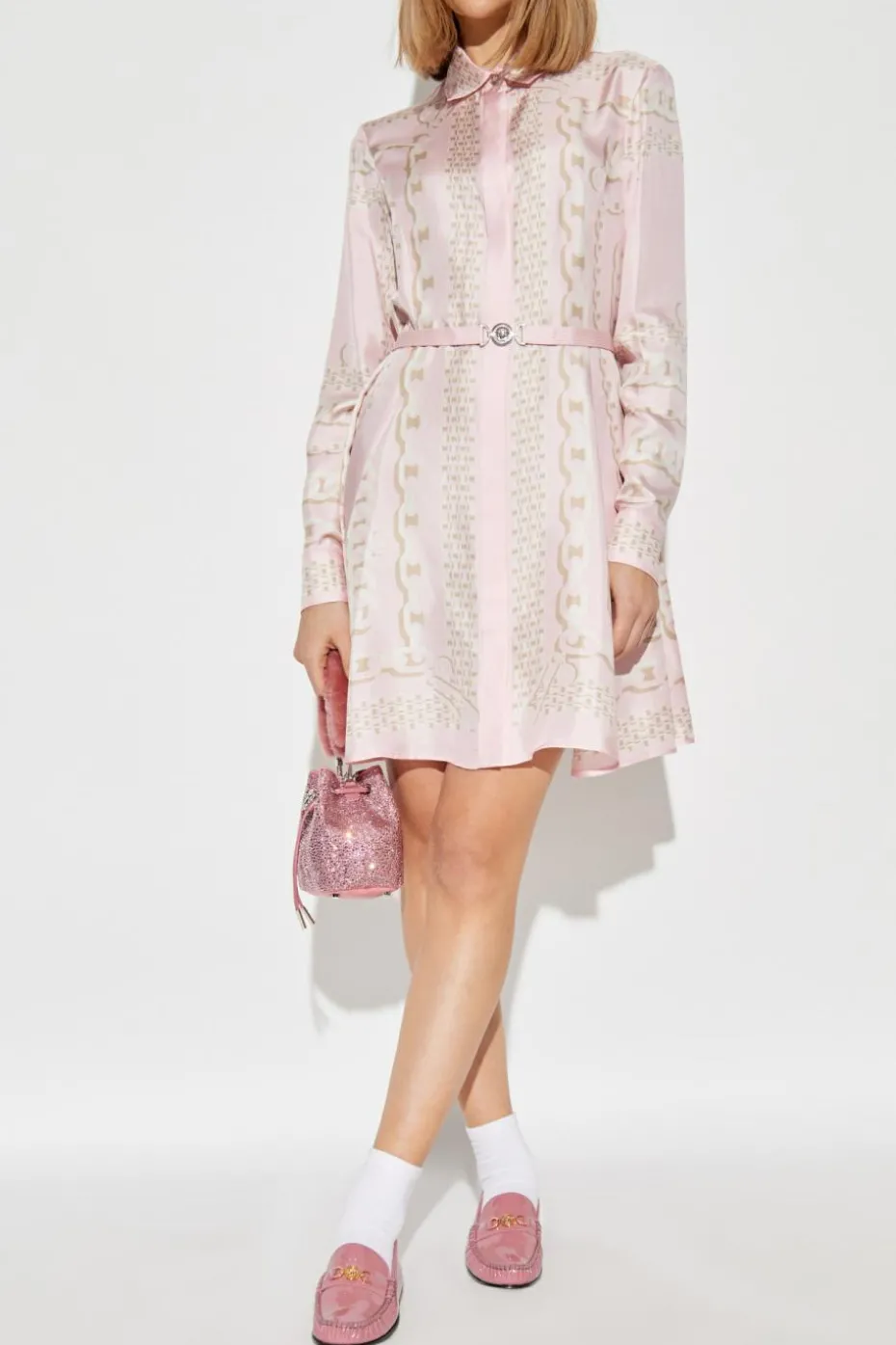 Versace PINK Silk dress with Barocco Chain pattern